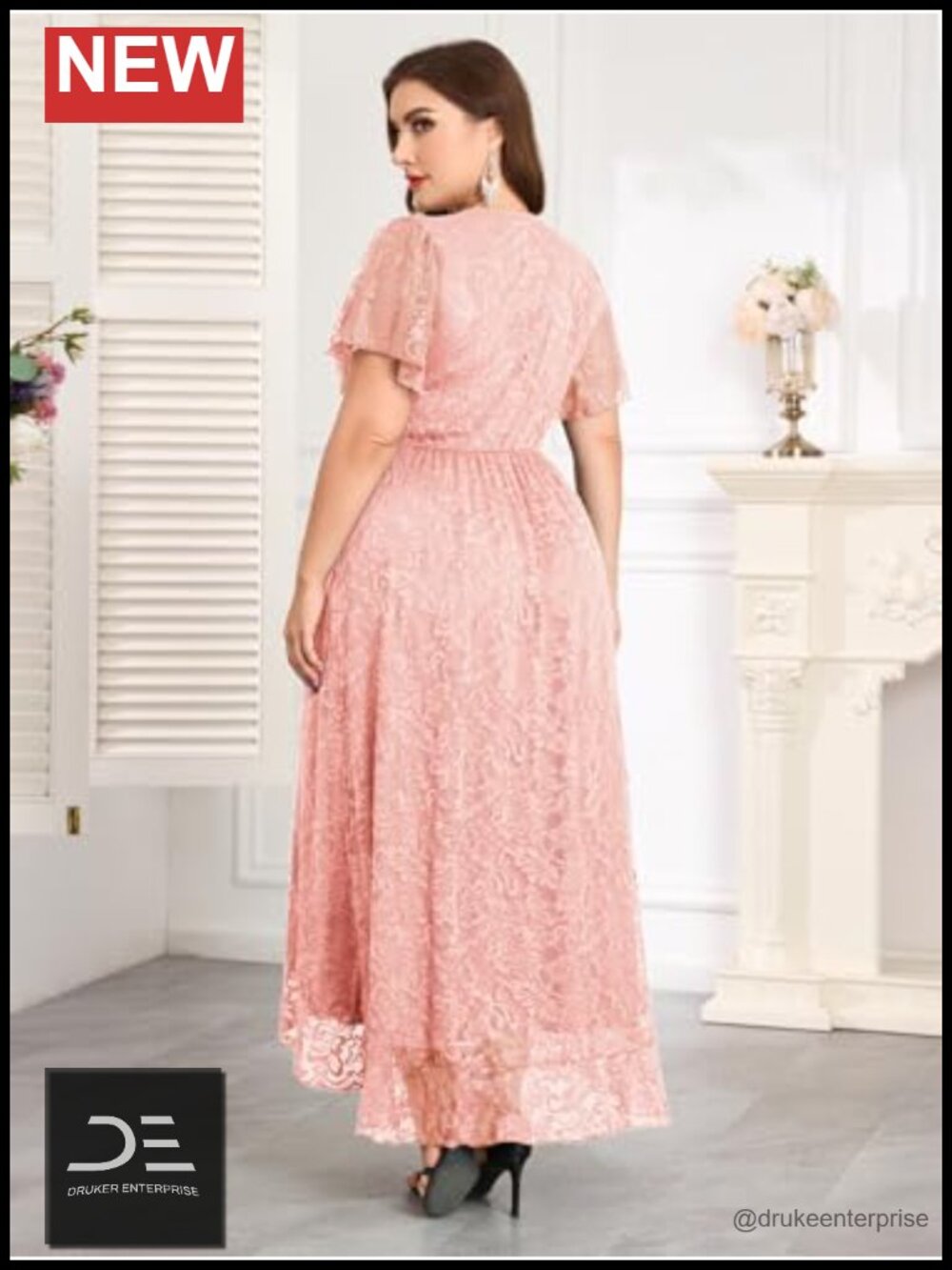 Plus Size Floral Lace High Low Maxi Dress Ruffle Sleeve Formal Evening Gown - Picture 2 of 6